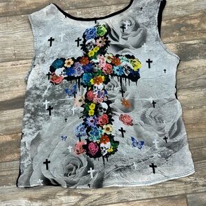 Womens Size Large Black Sleeveless  Short With Skulls Cross and Flowers Goth